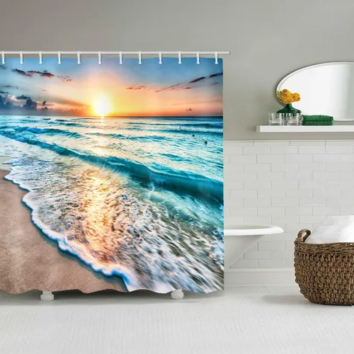 Miniatura 3 de LYFANS El baño tiene una cortina de ducha de playa al atardecer y la bañera tiene una lujosa cortina de ducha estándar. Cortina de ducha de tela