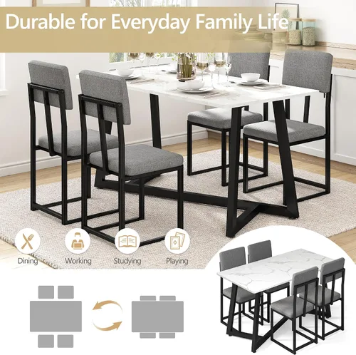 Miniatura 5 de Juego de mesa de comedor de 5 piezas para 4, mesa de cocina de mármol sintético de 47.24 pulgadas con 4 sillas tapizadas de lino, juego de mesa