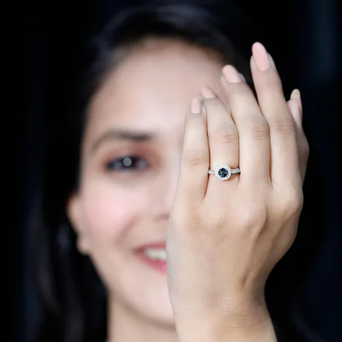 Miniatura 3 de Anillo de compromiso con halo de diamantes de topacio azul londinense certificado, calidad AAA, anillo de diamantes de topacio azul natural