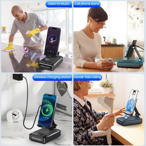 Miniatura 7 de Jteman Soporte para teléfono celular con altavoz Bluetooth y cargador inalámbrico, soporte de estación de carga de escritorio con altavoz