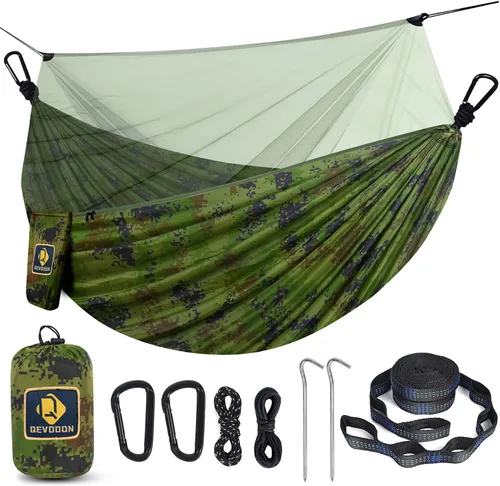 Miniatura 13 de Hamaca de camping con red, hamaca doble portátil ligera con correas para árbol y mosquetones sólidos en forma de D, hamaca de nailon de paracaídas