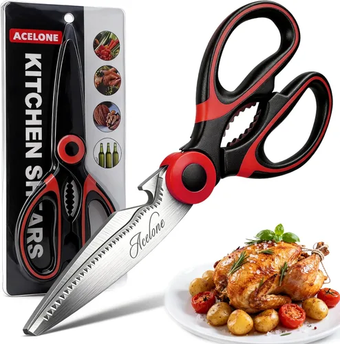 Acelone - Tijeras de cocina de alta calidad, resistentes ultra afiladas, de acero inoxidable, multifunción, para pollo, aves de corral, pescado, Rojo