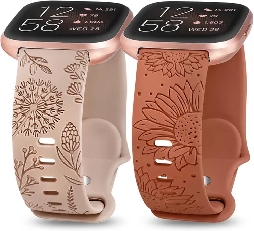 Minyee Paquete de 2 correas con grabado floral compatibles con Fitbit Versa 2/Fitbit Versa/Versa Lite para mujeres, linda correa deportiva de Marrón