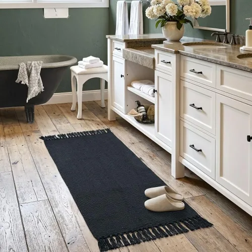 Miniatura 2 de Seavish Alfombras de cocina negras, alfombra de baño lavable de 2 x 4, alfombra de algodón reciclado, alfombras bohemias con borlas, alfombra