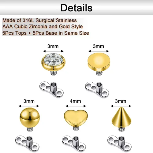 Miniatura 2 de PunkTracker Piercing dérmico de ópalo de acero inoxidable 316L para piercings dérmicos con rosca interna, kit de piercing dérmico