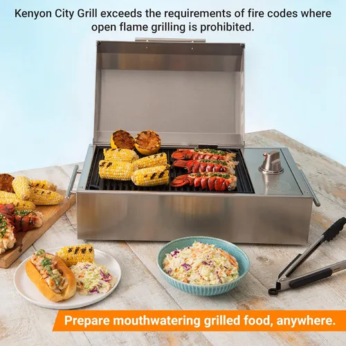Miniatura 7 de Kenyon B70200 City Grill, parrilla portátil, acero inoxidable, quemador único, control de perilla, tapa facetada, aprobado por UL