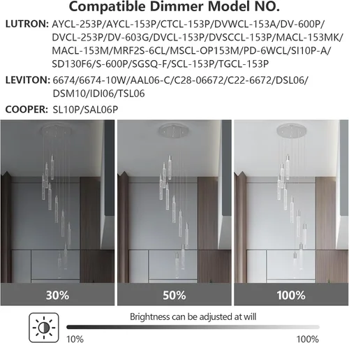 Miniatura 4 de Lámpara colgante de cristal cromado, 9 luces, regulable, 54 W, 6000 K, escalera, grande, vestíbulo, sala de estar, vestíbulo, techo alto