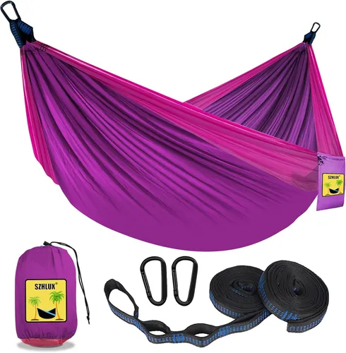 SZHLUX Hamaca de camping doble e individual Hamacas portátiles con 2 correas de árbol y bolsa de transporte adjunta, ideal para exteriores, Violeta