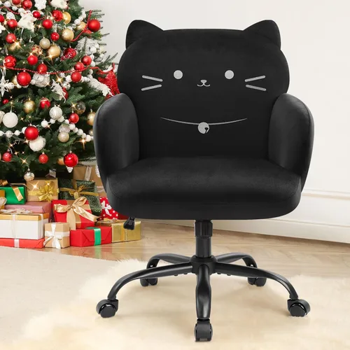 IWMH Silla de oficina en casa, silla de escritorio de asiento ancho, lindas sillas giratorias de terciopelo para tocador, sillas de tareas con Negro
