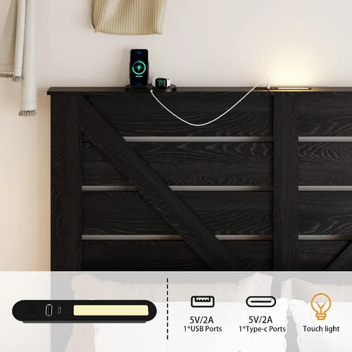Miniatura 4 de Base de cama de tamaño matrimonial con cabecero, plataforma de estilo granja con luces LED, carga USB, sin somier, fácil montaje, marco de cama