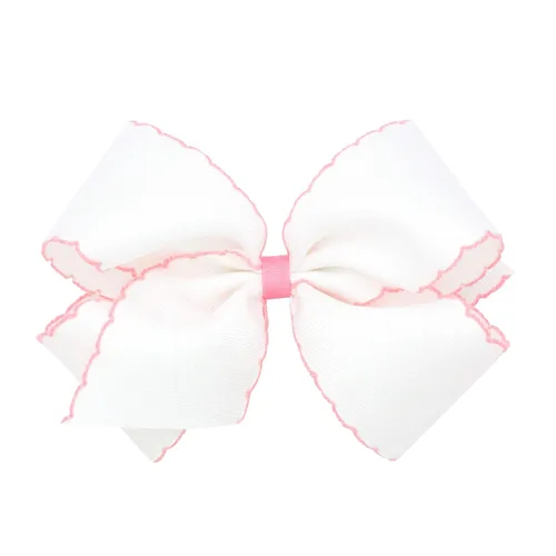 Miniatura 48 de Wee Ones - Lazo clásico de grogrén con borde de puntadas lunares para niñas, con clip para cabello WeeStay, borde en contraste, King, blanco