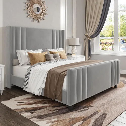 Miniatura 11 de Albott Base de cama de plataforma tamaño King, cama tapizada con cabecera y pie de cama con respaldo alado capitoné de canales verticales, Crema