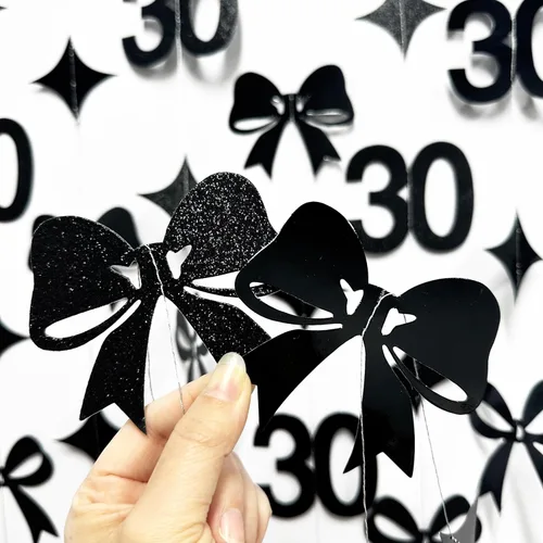 Miniatura 5 de Decoraciones de cumpleaños negras con lazo del 30 aniversario, guirnalda de lazos coquette con purpurina, pancarta serpentina para mujeres