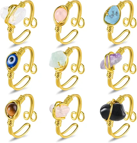 Juego de 9 anillos de cristal curativo, anillos ajustables envueltos en alambre dorado de piedras preciosas irregulares para mujeres y niñas, cristal