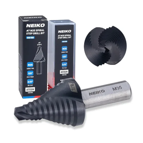 Miniatura 68 de NEIKO 10602B Step Drill Bit, 13 Steps 1/8" to 1/2" Spiral M35 Cobalt, AlTiSiN Coated, 1/4" Quick Change Step Bits for Steel, Metal, Wood, Plastic