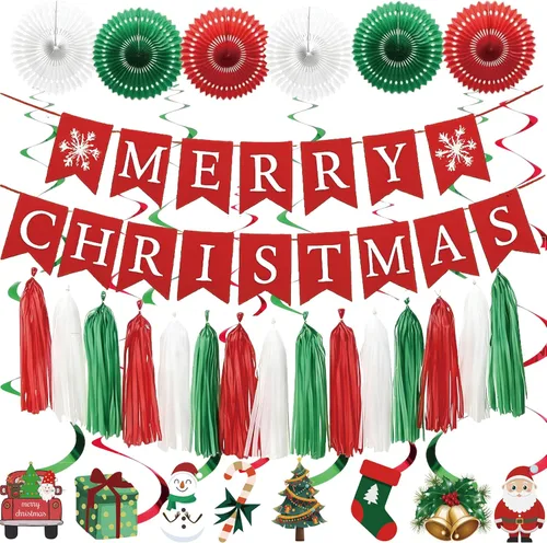 Juego de decoraciones para fiesta de Navidad – Letrero de Feliz Navidad, guirnalda de borlas rojas, verdes y blancas, abanicos de papel y adornos de