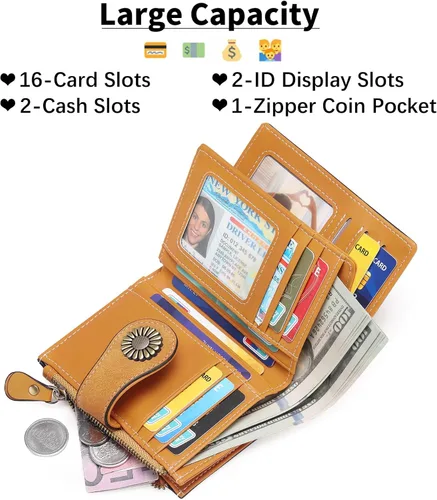 Miniatura 153 de SENDEFN - Billetera pequeña de piel auténtica para mujer, diseño plegable con ventana para tarjeta de identificación