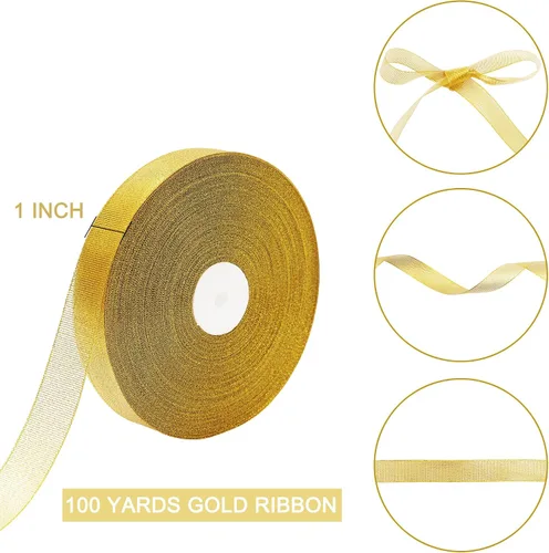 Miniatura 2 de Cinta de 100 yardas con purpurina dorada de 1 pulgada, cinta de tela sólida de ancho brillante para envoltura de regalos, manualidades, decoración