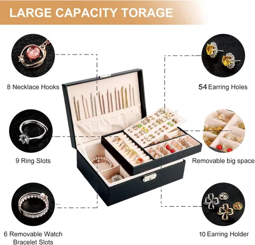 Miniatura 4 de Sanikeon Cajas de joyería para mujeres y niñas 2 capas organizador de joyas caja de cuero con cerradura caja de almacenamiento de joyas bandeja