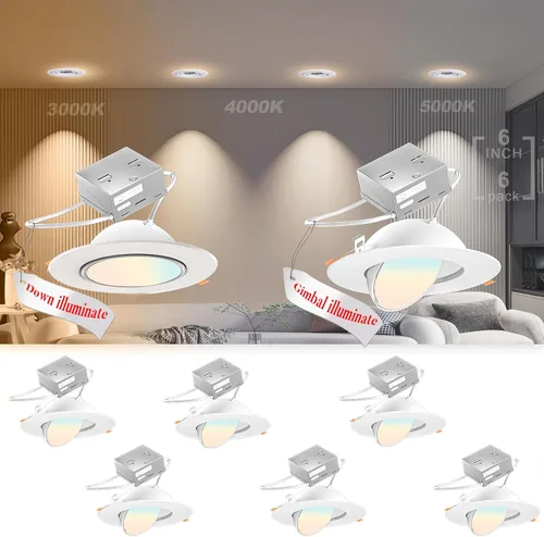 Lightdot - Paquete de 6 luces LED empotrables con rótula de 6 pulgadas, ajustable 360°+90°, temperatura de color de 3CCT seleccionable y regulable