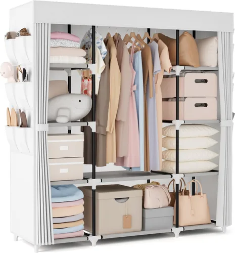 Miniatura 15 de VTRIN Armario Portátil Guardarropa Armario para Colgar Ropa con 4 Estantes de Almacenamiento, 2 Varillas para Colgar y 6 Bolsillos, Perchero Estable