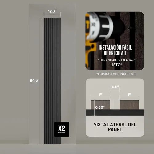 Miniatura 3 de Paquete de 2 paneles acústicos de pared, decoración de pared de listones de madera, paneles insonorizados Roble negro