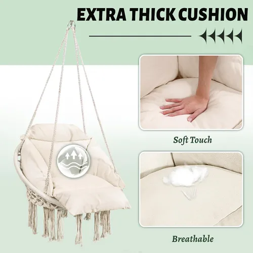 Miniatura 2 de KROFEM Hamaca Silla Colgante Oscilante de Macramé con Cojín de Gran Tamaño, Perfecta para Dormitorio, Porche, Niños, Adultos, Balcón, Beige
