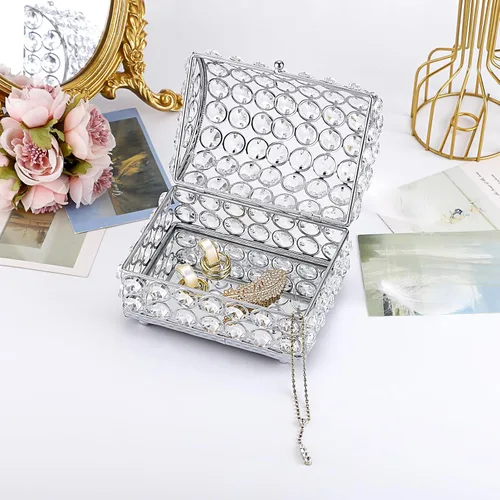 Miniatura 3 de ELLDOO Joyero de cristal, caja organizadora de aretes, anillos, decoración del hogar, caja decorativa con tapa, regalo plateado para San Valentín