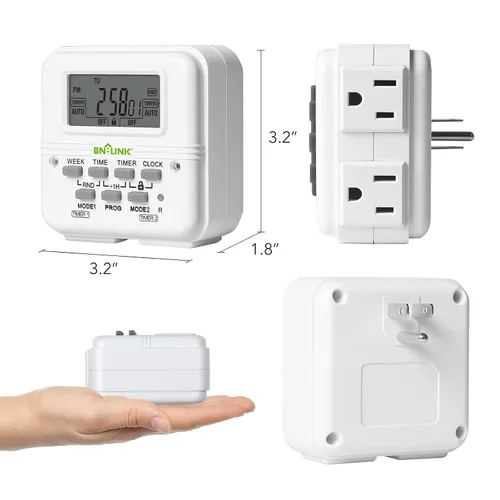 Miniatura 8 de BN-LINK Temporizador de luz digital para interiores, enchufe programable de 7 días con 2 salidas independientes de 3 clavijas, para lámparas