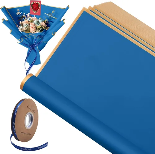 XHKDSYMC 20 hojas de papel de regalo de flores azul real, 22.24 x 22.24 pulgadas, papel de regalo de ramo floral, borde dorado, impermeable, con 1
