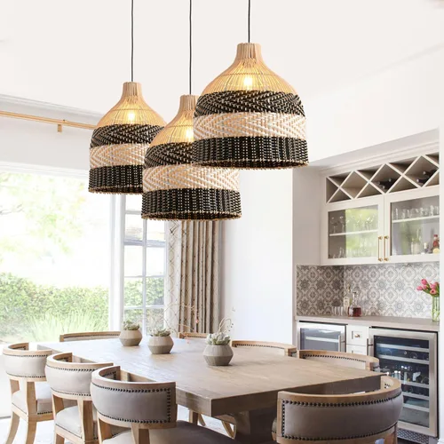 Miniatura 4 de Lámpara Colgante de Ratán 1 Paquete Candelabro de Cesta de Ratán Sintético Negro Blanco 11.8" Boho Tejido a Mano Ovalado de Mimbre Lámpara Colgante