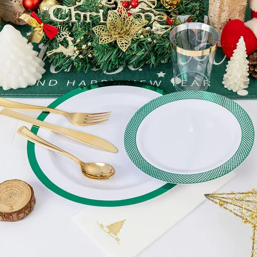 Miniatura 6 de Ciaell 175 platos de plástico de Navidad, los juegos de platos de plástico blanco y verde incluyen 25 platos de cena, 25 platos de postre, 25