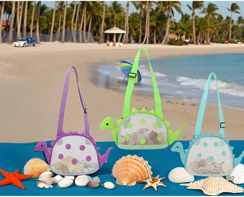 Miniatura 3 de Auon Bolsa de playa de malla para juguete de playa, bolsa de conchas para niños, bolsa de juguete de arena de dinosaurio para sostener conchas