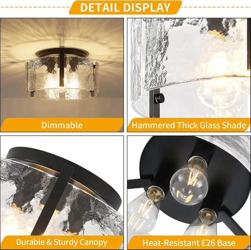 Miniatura 6 de Lámpara de techo semiempotrada moderna negra de 15 pulgadas, accesorios de iluminación de pasillo, 3 luces de techo de vidrio para entrada, isla