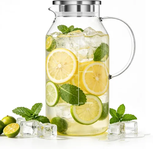 Aofmee Jarra de vidrio con tapa y asa, jarra de agua de vidrio con tapa, jarra de té helado, jarra de borosilicato para bebidas frías o calientes,