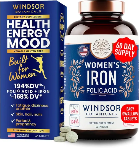 Suplementos de hierro y ácido fólico para mujeres, 35 mg de vitamina de hierro suave, ácido fólico 400 mcg, anemia, período, suplemento de apoyo