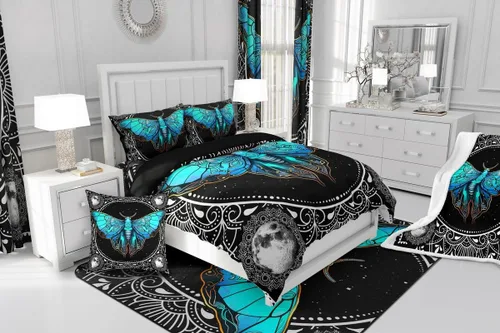 Miniatura 4 de Erosebridal Juego de funda de edredón de polilla azul, tamaño individual, para niños y niñas, estilo bohemio, floral, mandala, color blanco y negro
