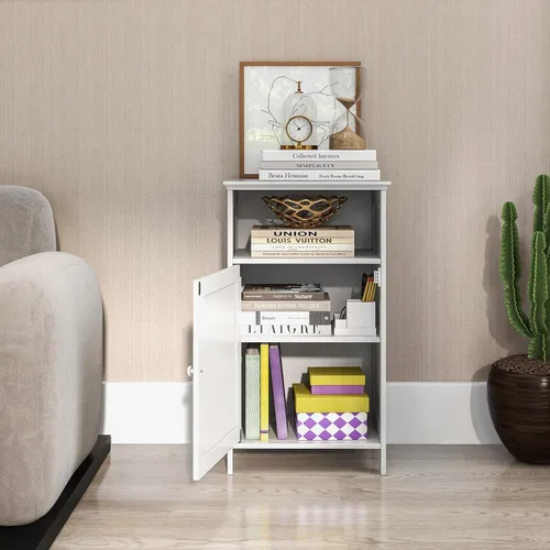 Miniatura 4 de Tangkula - Armario de almacenamiento para baño, organizador lateral de piso independiente de madera con puerta única y estante ajustable, pequeño