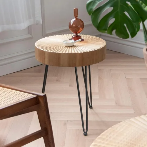 Miniatura 5 de Juego de mesa de centro estilo granja de 2 piezas, redonda con patrón radial de madera artesanal, juego de mesa de café moderna para sala de estar