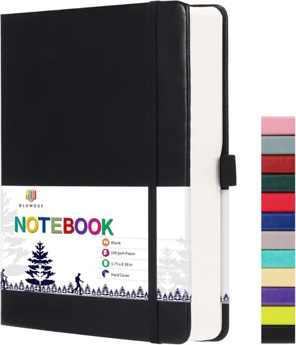 Cuaderno de papel en blanco - 280 páginas A5 con papel en blanco de 100 g/m², papel grueso, tapa dura, cuero PU, 5.75" × 8.38" - Negro