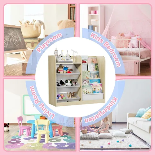 Miniatura 4 de Estantería de madera natural para niños, caja de almacenamiento de juguetes, estante organizador con 4 contenedores de plástico extraíbles