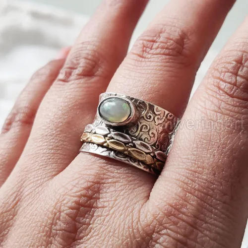 Miniatura 3 de Natural Opal Spinner Band, October Birthstone, Meditation Ring, 925 Sterling Silver Ring, Spinning Ring, Two Tone Ring, Fidget Ring, Handmade