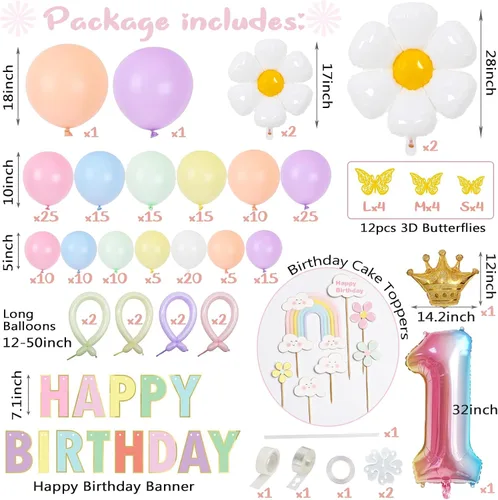 Miniatura 5 de Kit de guirnalda de globos pastel, 219 piezas, diferentes tamaños de 18, 10, 5 pulgadas, globos de arcoíris pastel y margaritas para el primer