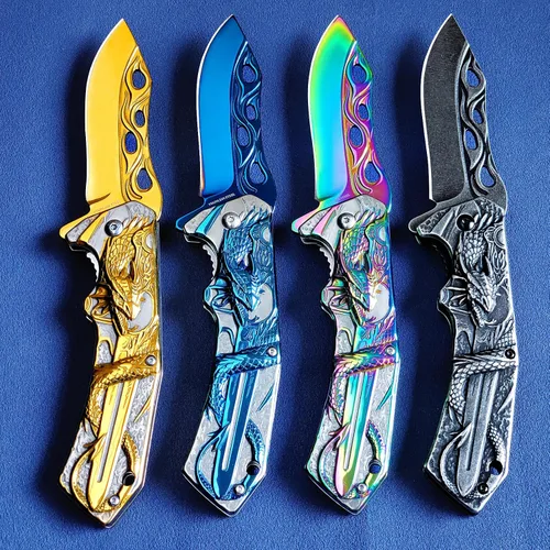 Miniatura 4 de Vividstill Navaja de bolsillo para hombres, genial cuchillo plegable de bolsillo 3D DRAGÓN con clip, gran regalo EDC para hombres, ideal para Dorado