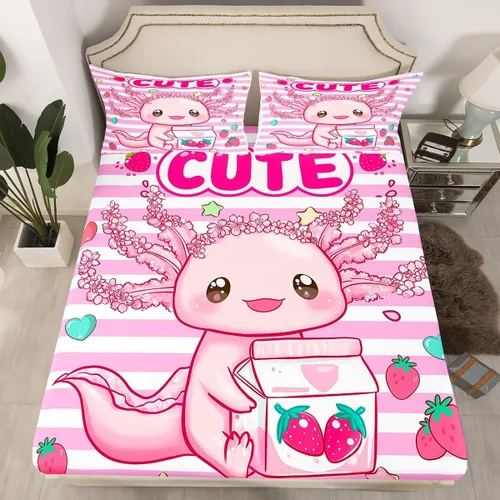 Miniatura 5 de Lindo Axolotl - Sábana bajera ajustable para niños, tamaño individual, juego de ropa de cama de animales marinos de dibujos animados, decoración