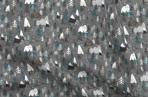 Spoonflower Tela - Montaña, bosque, picos, gris carbón, bosque, estrellas, noche, impreso en tela de gasa Fat Quarter - Costura de ropa de moda