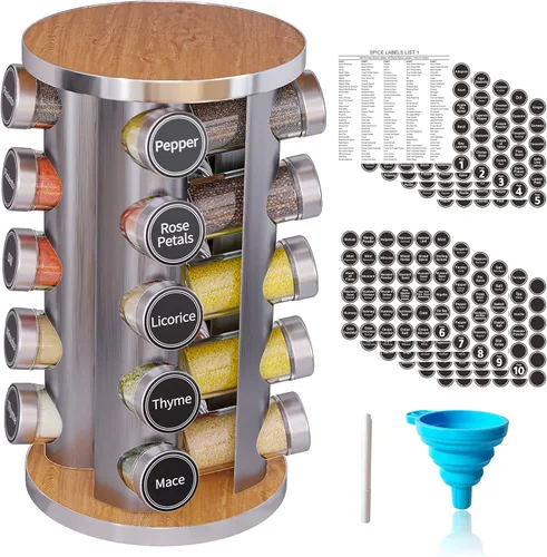 Juego de estante giratorio para especias con 20 tarros de especias, organizador de torre de especias de cocina para encimera o gabinete. Madera