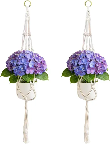 Miniatura 10 de Paquete de 2 colgadores de macramé para plantas colgantes para interiores y exteriores, cesta colgante de cuerda hecha a mano, soporte para plantas