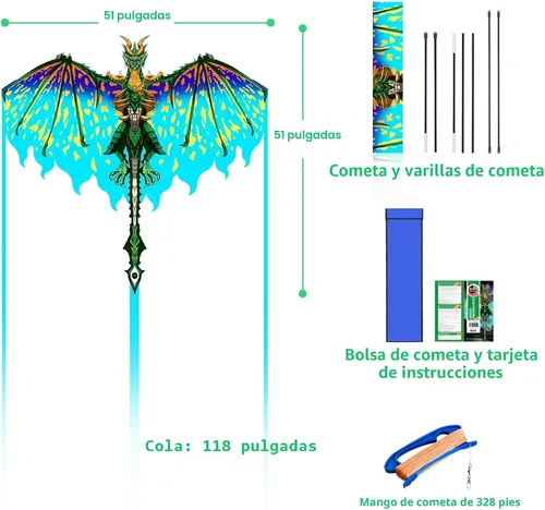 Miniatura 3 de Mint's Colorful Life Cometa de dragón para niños y adultos, fácil de volar, las mejores cometas de playa para principiantes, cuerda de cometa de 300