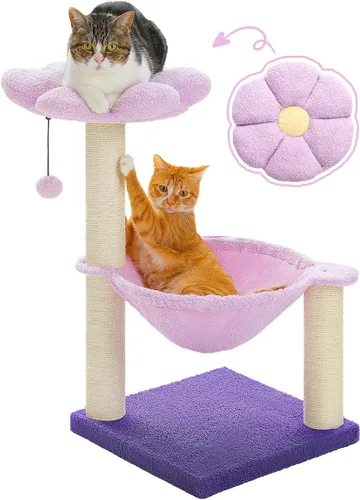 Miniatura 13 de MUTTROS Árbol de flores para gatos, torre para gatos de 28 pulgadas con acogedora percha de flores, hamaca grande para gatos pequeños